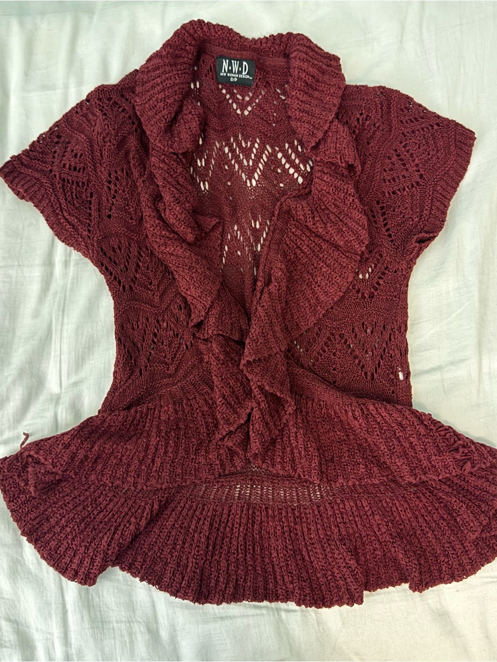 Open-Front Ruffle Knit Sweater Cardigan - Burgundy